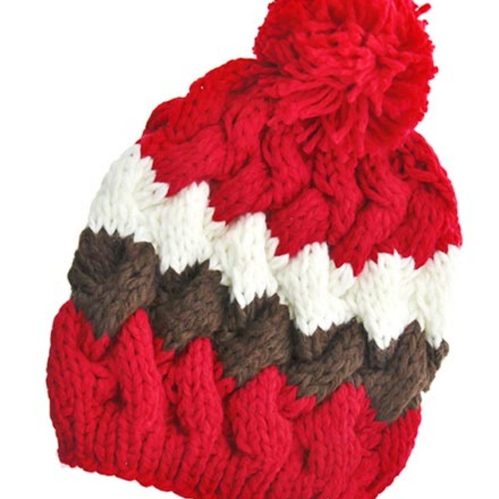Red, Brown & Ivory Crochet Pom Pom Beanie Cap